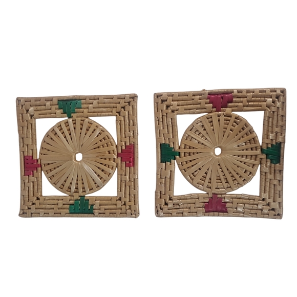 Vintage Straw Woven Square Trivets Set Of Four Pink Green Retro Boho - Picture 2 of 9